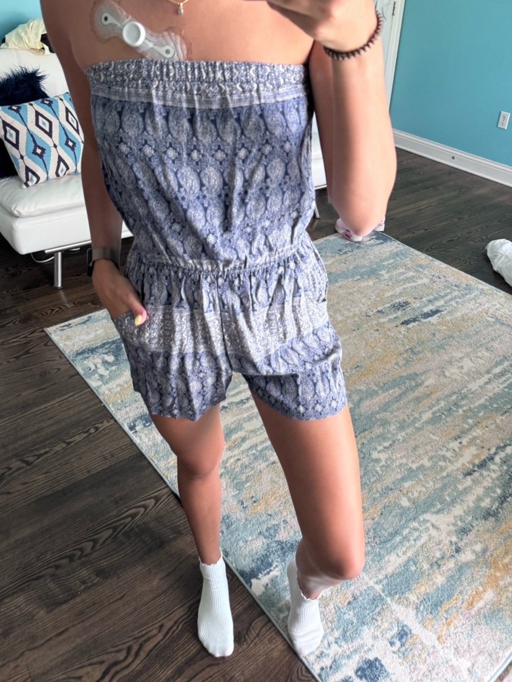 Trixxi Blue Patterned Strapless Romper